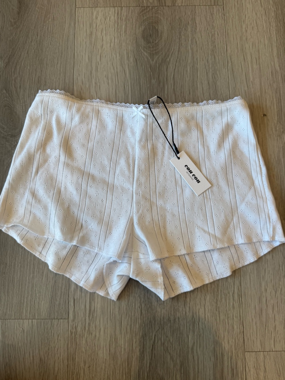 White Eyelet Knit Women's Shorts with Scallop Trim